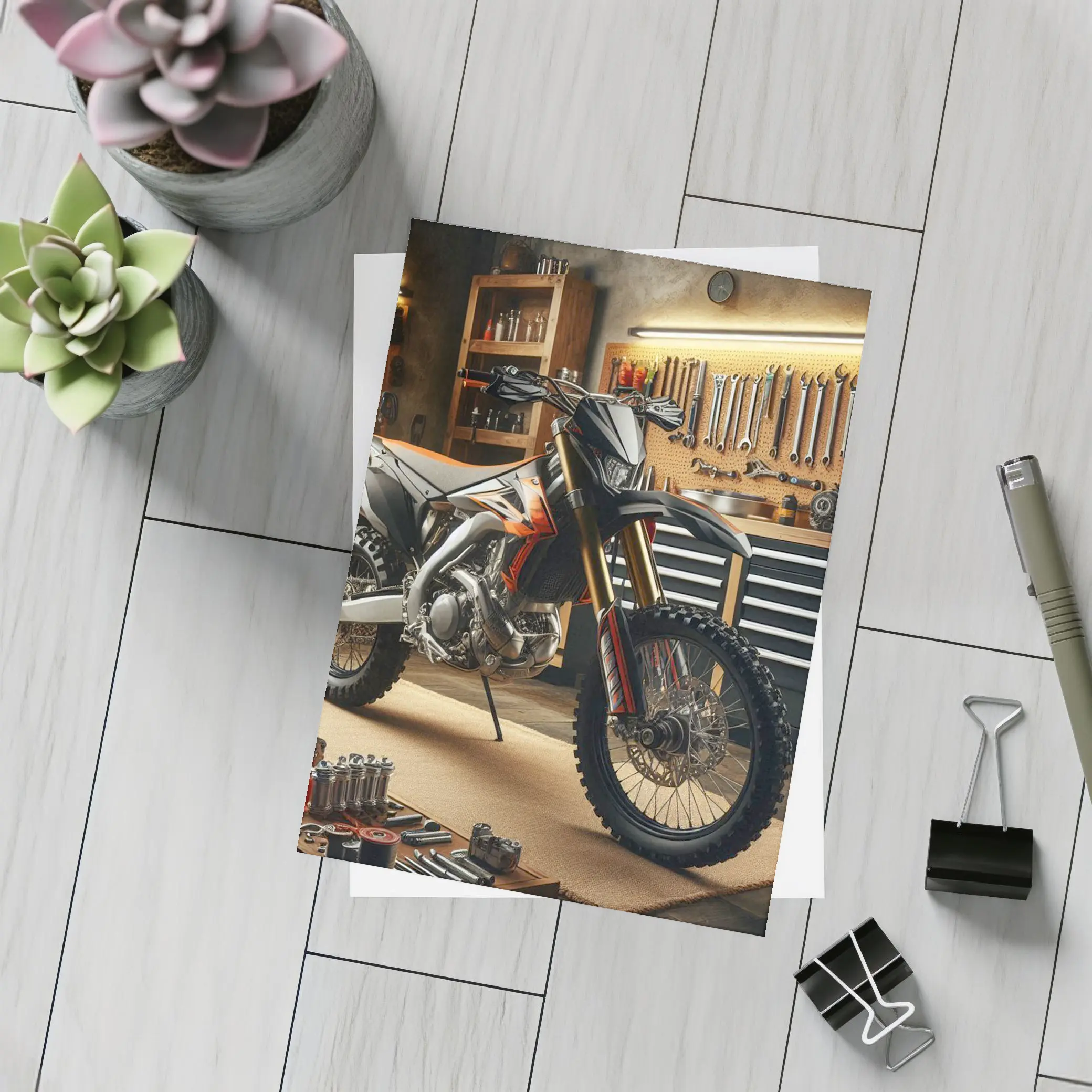 Dirt Bike Parked Inside Workshop Garage – Postcards