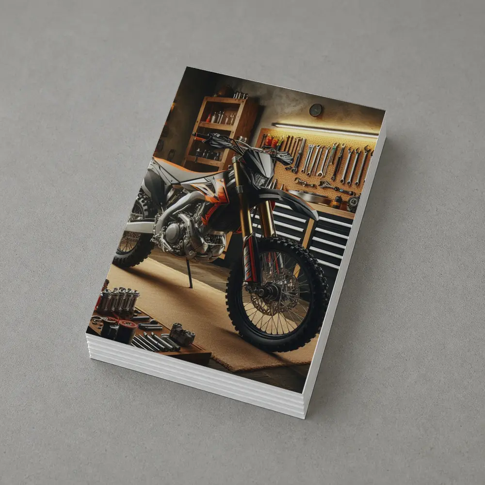 Dirt Bike Parked Inside Workshop Garage – Postcards