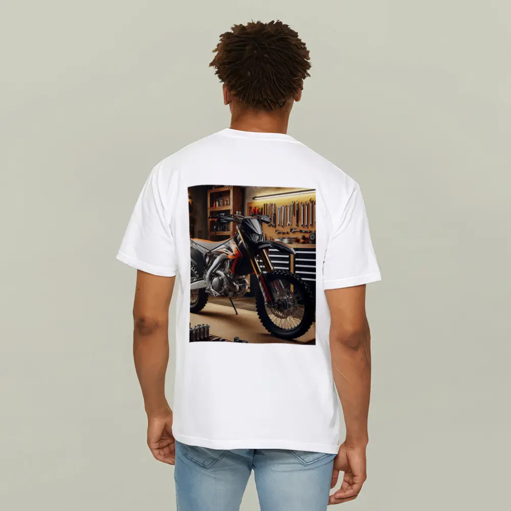 Dirt Bike Parked Inside Workshop Garage – T-Shirts