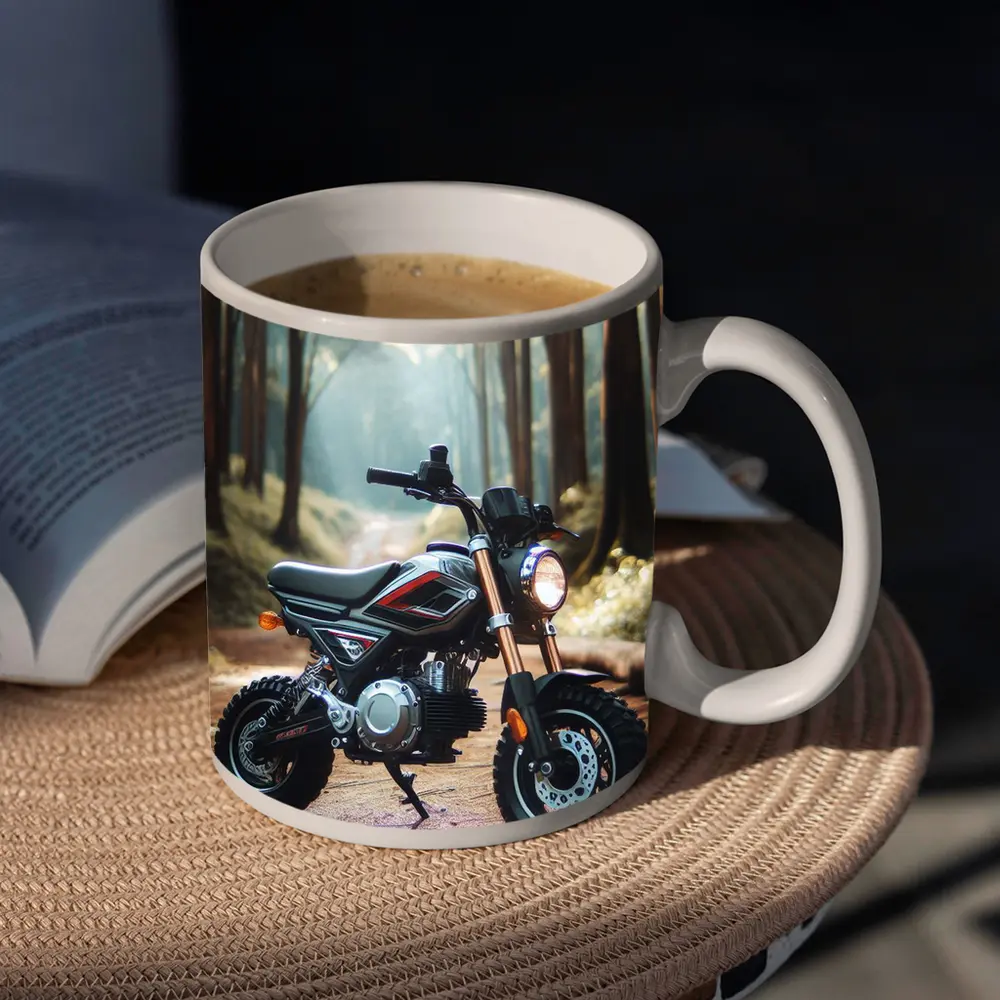 Mini Dirt Bike Parked In Misty Forest – Mugs