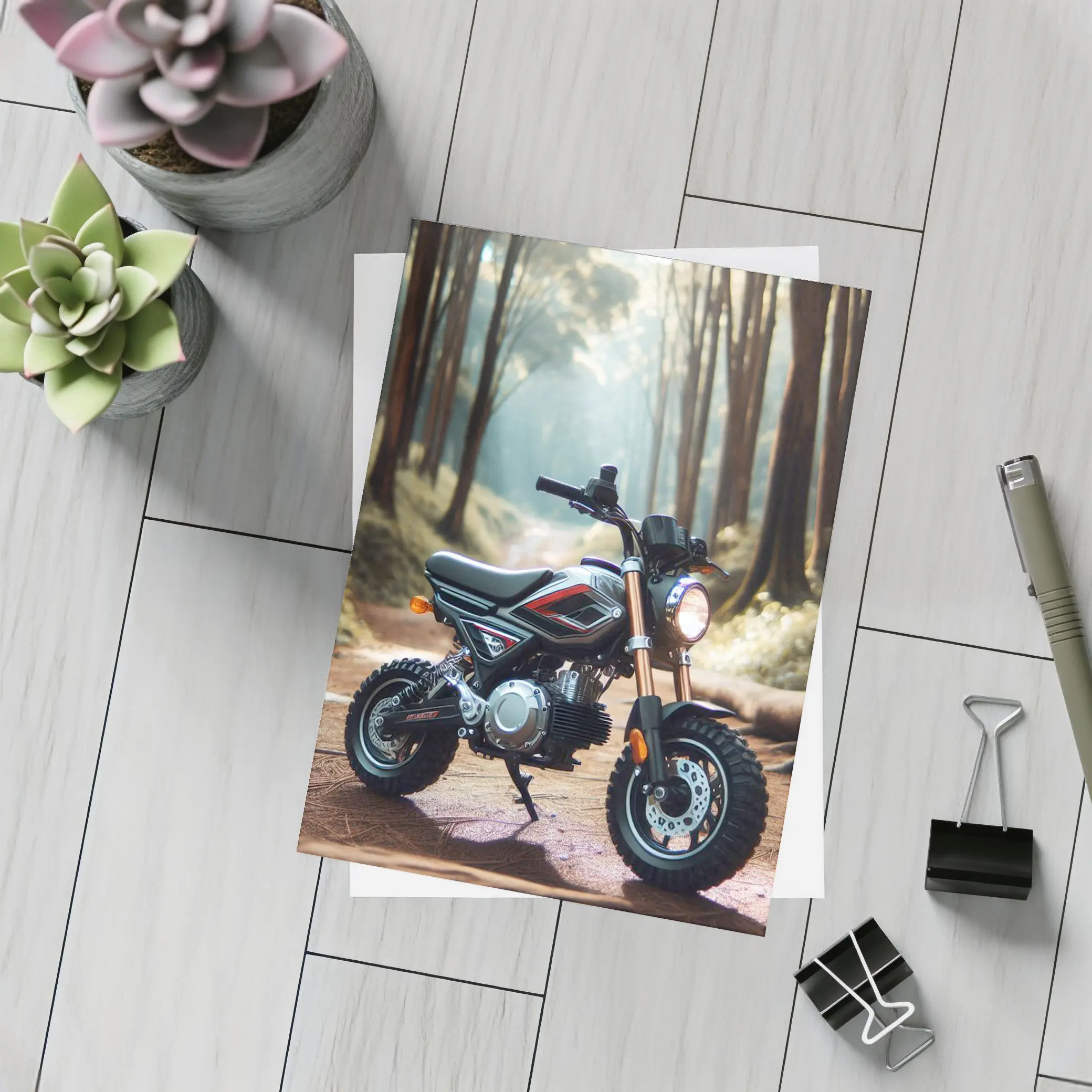 Mini Dirt Bike Parked In Misty Forest – Postcards