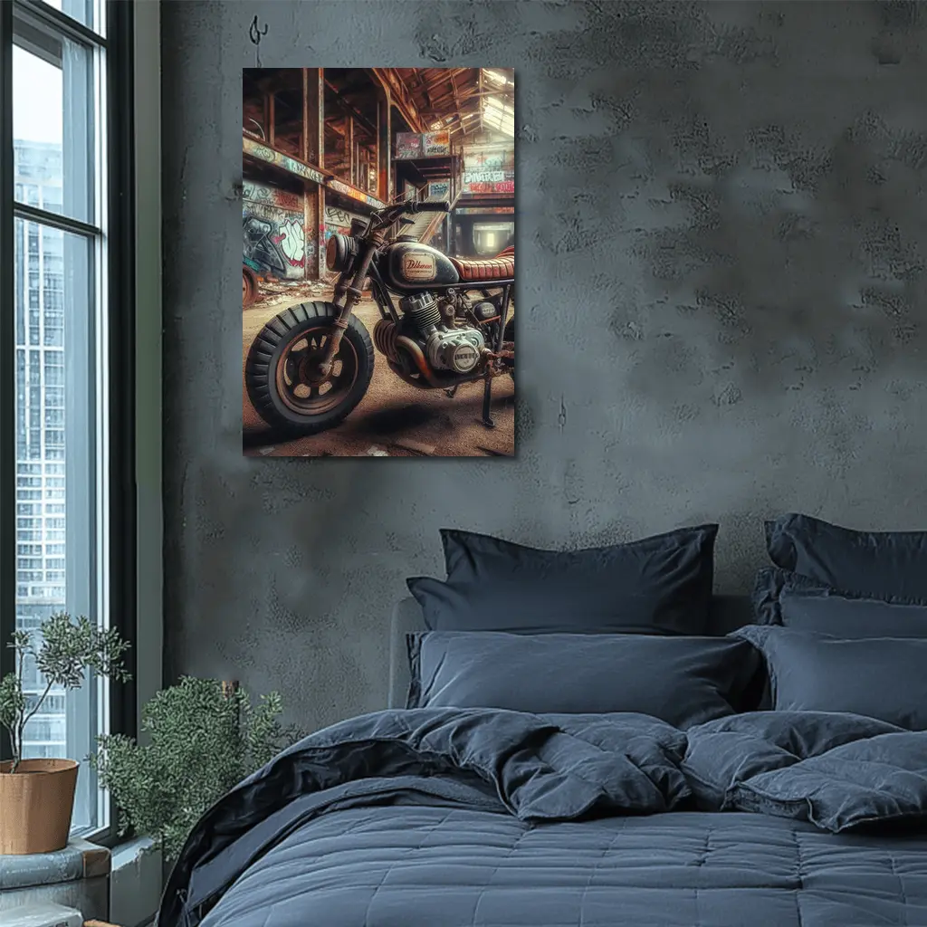 Cafe Racer Motorcycle Abandoned Graffiti Warehouse – Wall Art