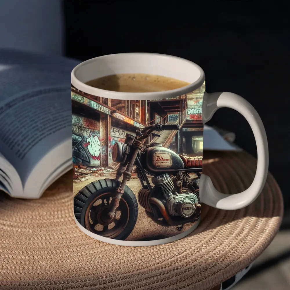 Cafe Racer Motorcycle Abandoned Graffiti Warehouse – Mugs