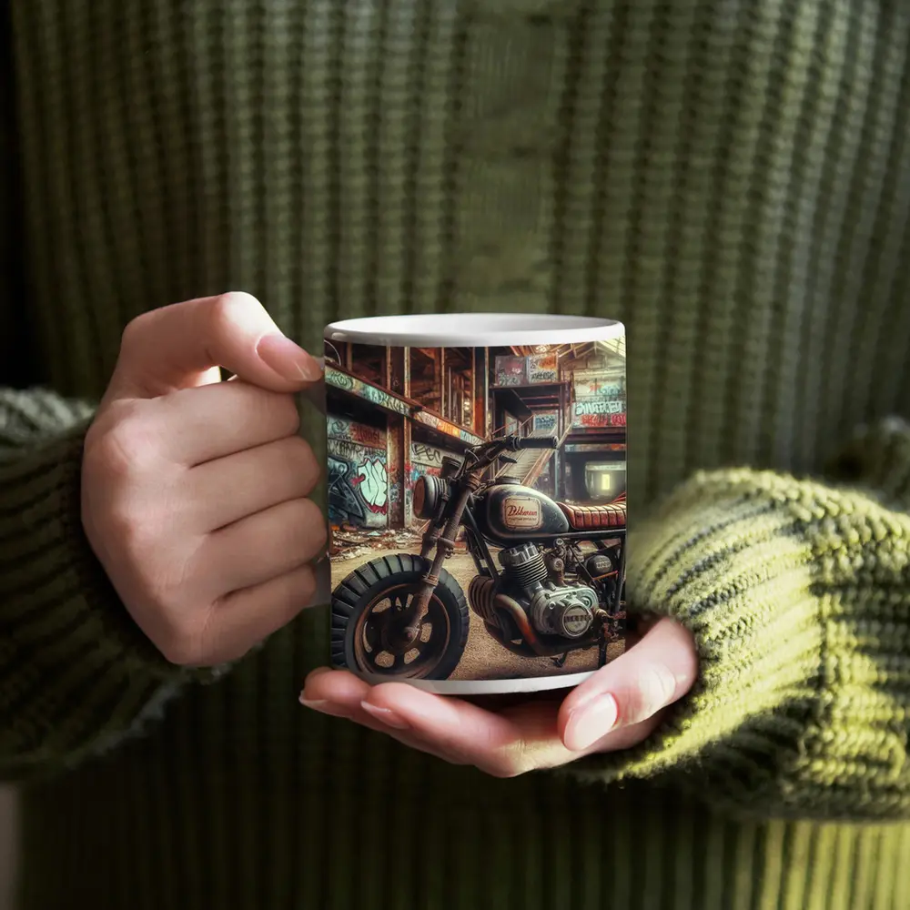 Cafe Racer Motorcycle Abandoned Graffiti Warehouse – Mugs