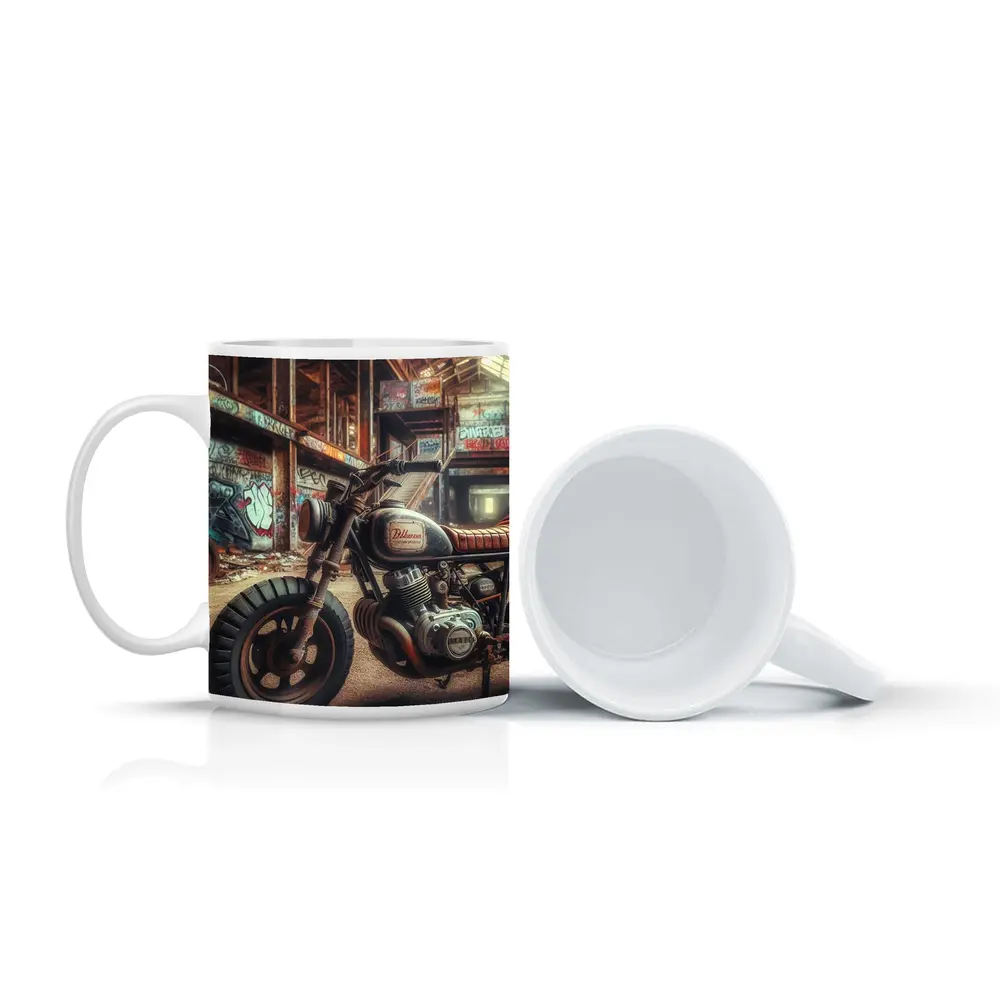 Cafe Racer Motorcycle Abandoned Graffiti Warehouse – Mugs
