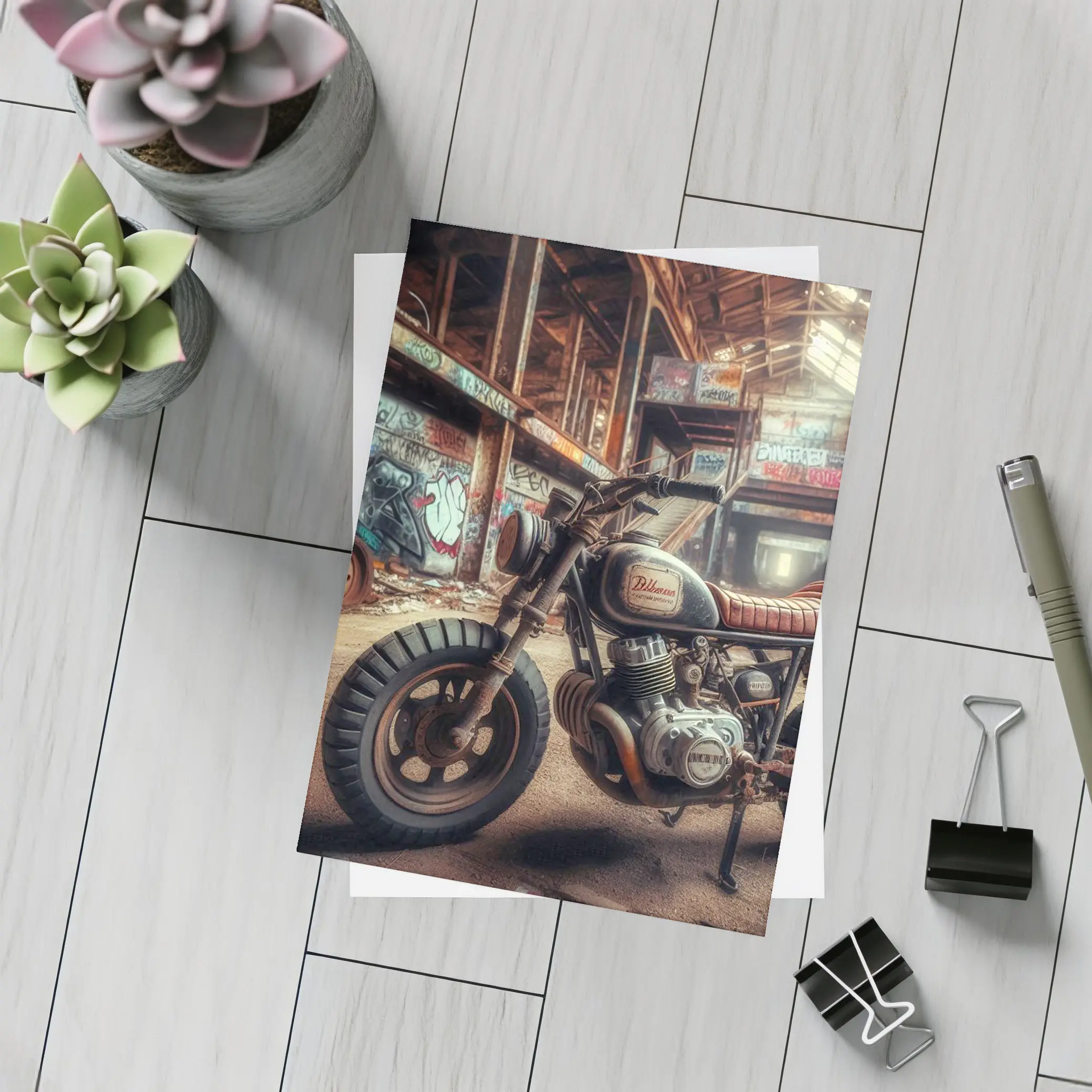 Cafe Racer Motorcycle Abandoned Graffiti Warehouse – Postcards