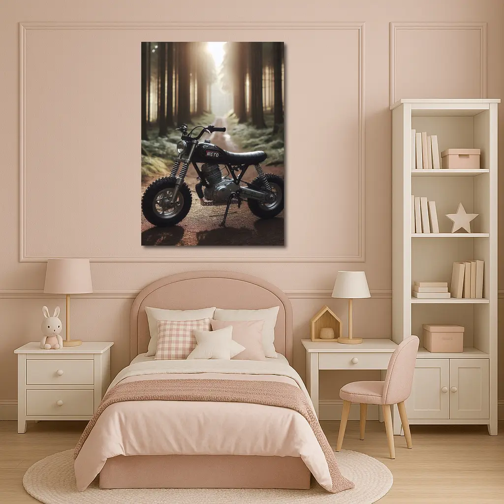 Mini Scrambler Motorcycle Parked Forest Path – Wall Art