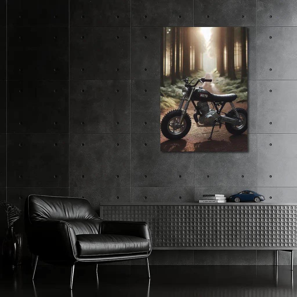 Mini Scrambler Motorcycle Parked Forest Path – Wall Art