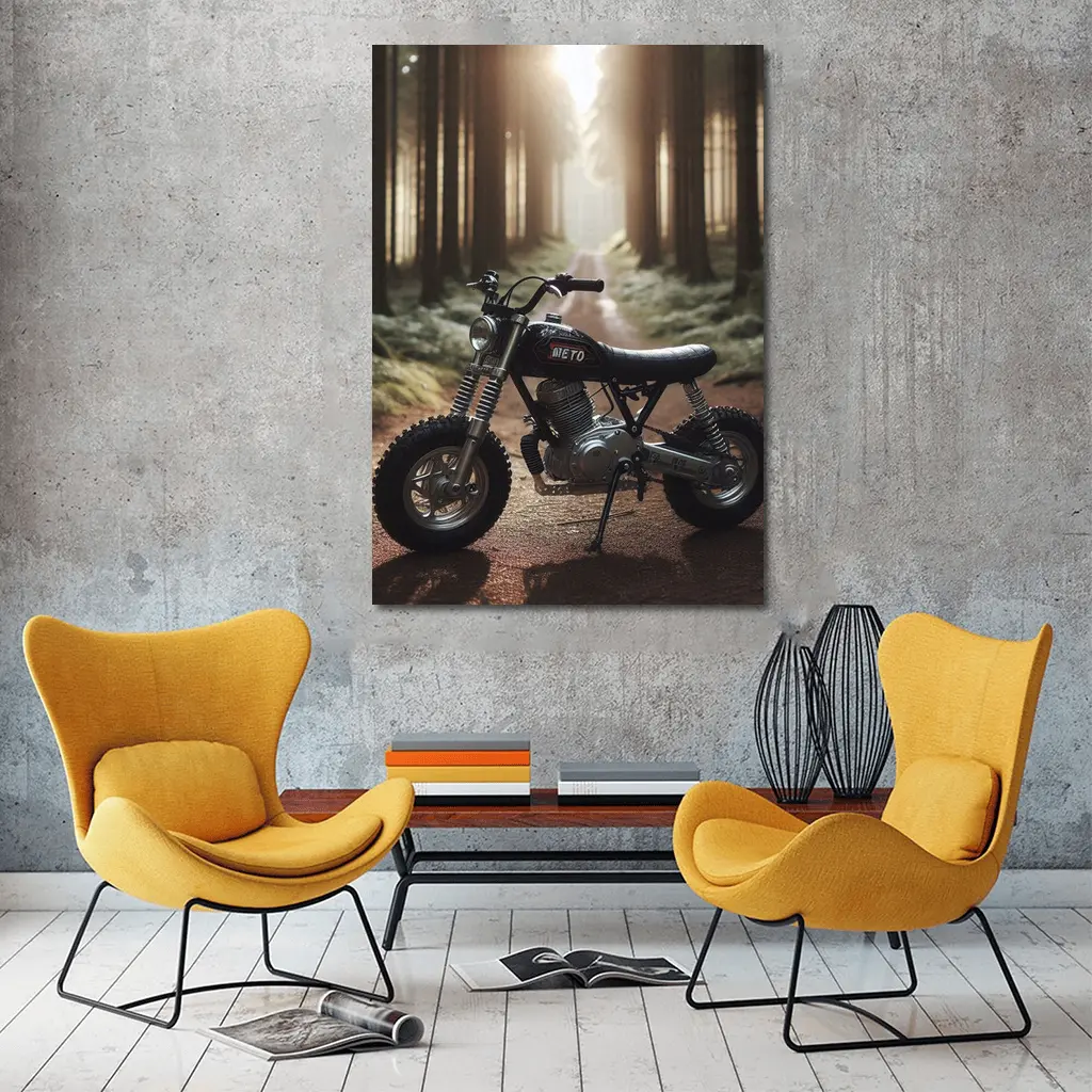 Mini Scrambler Motorcycle Parked Forest Path – Wall Art