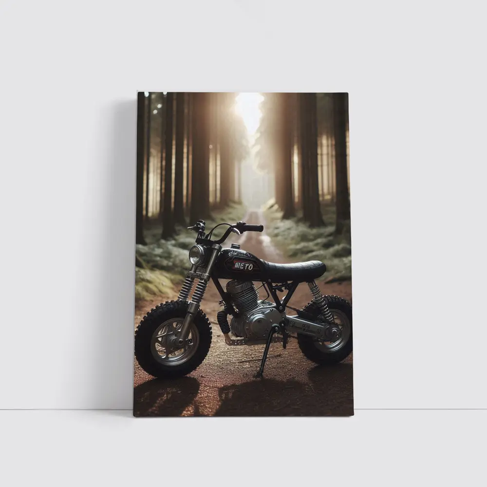 Mini Scrambler Motorcycle Parked Forest Path – Wall Art