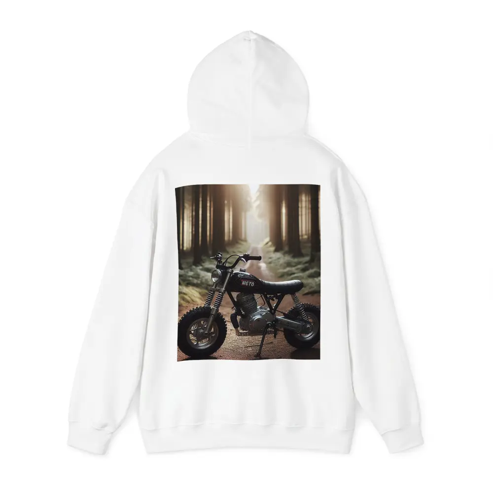 Mini Scrambler Motorcycle Parked Forest Path – Hoodies