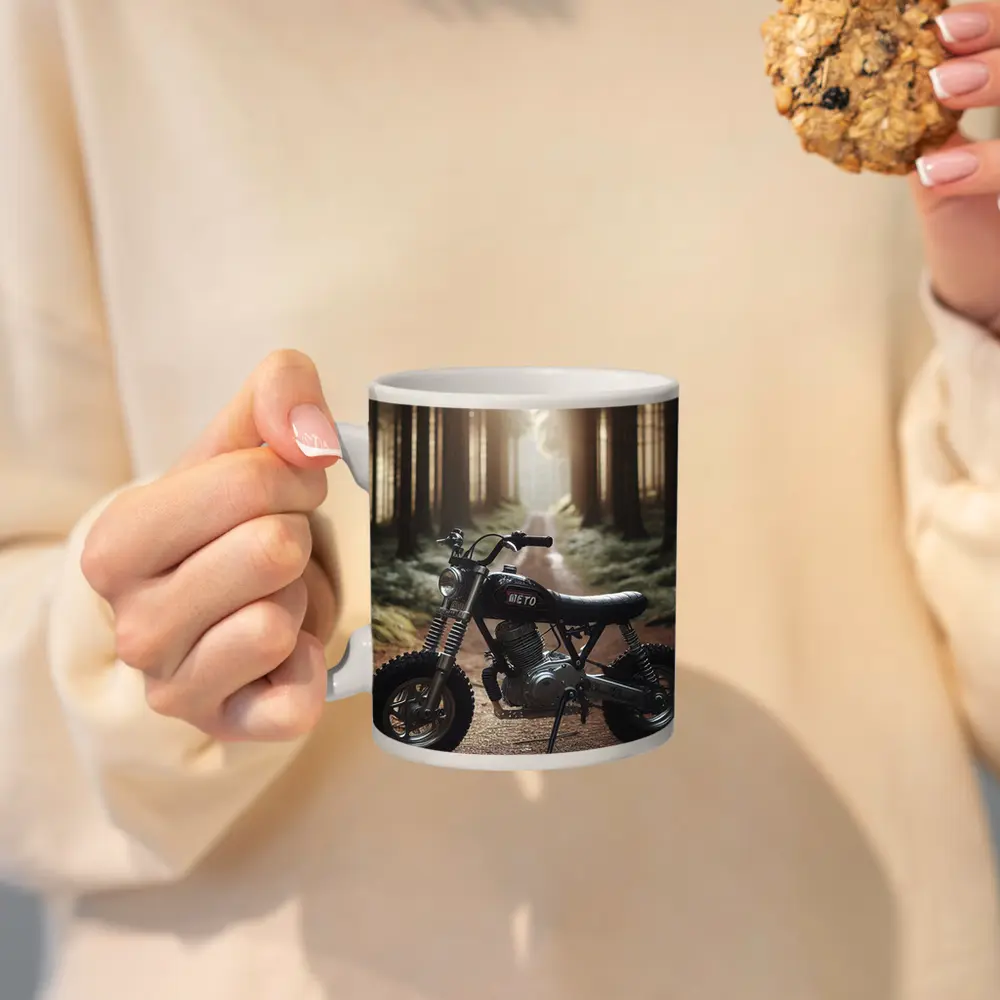 Mini Scrambler Motorcycle Parked Forest Path – Mugs