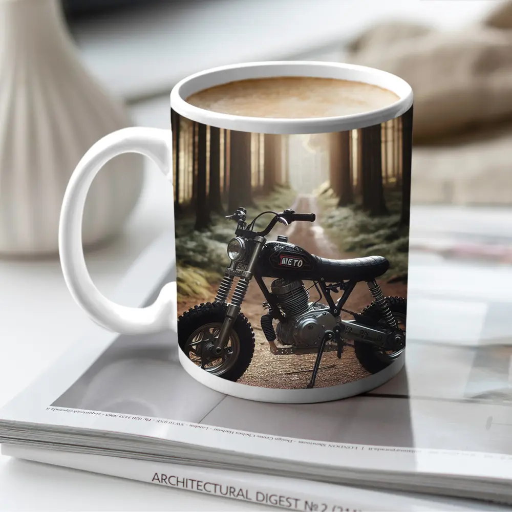 Mini Scrambler Motorcycle Parked Forest Path – Mugs