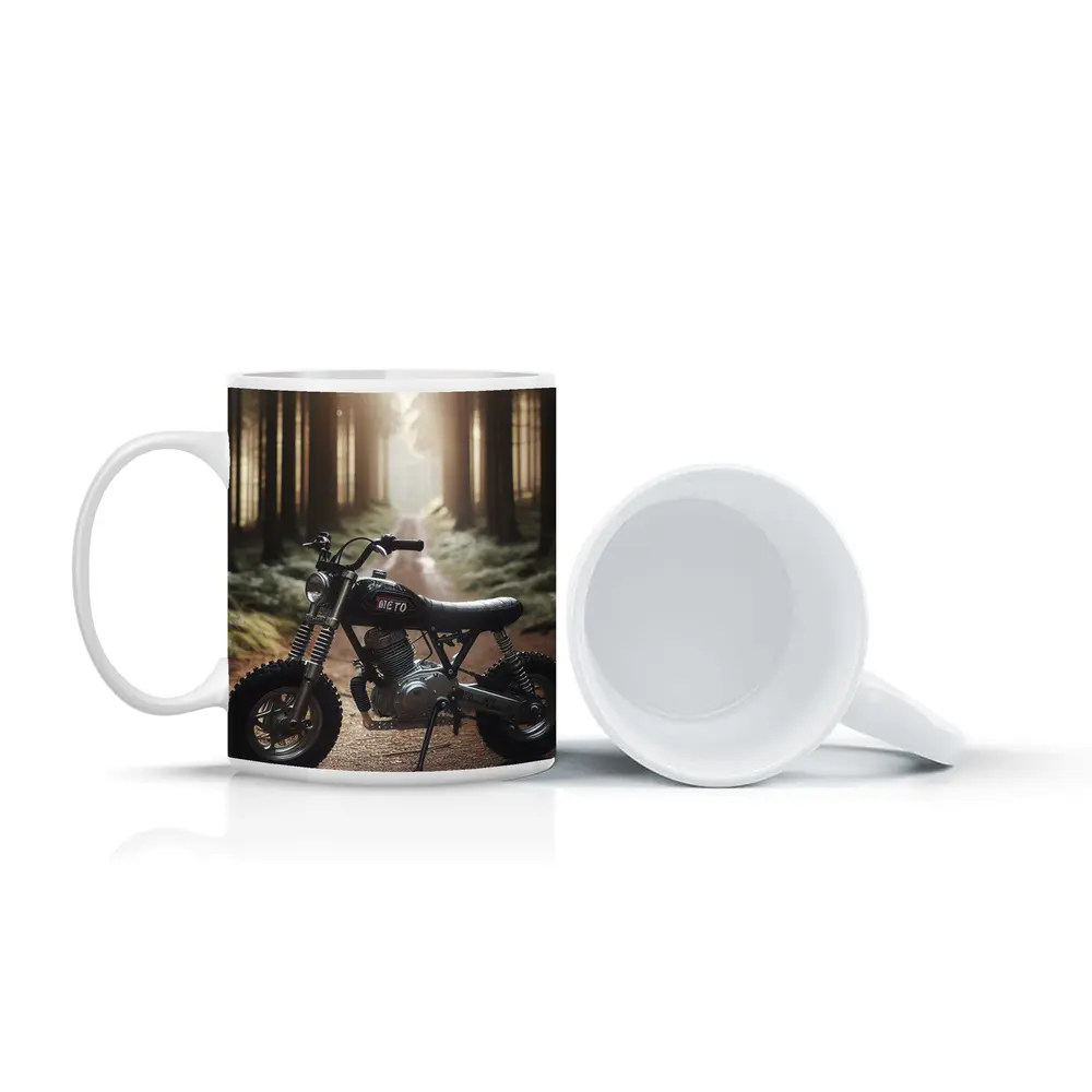 Mini Scrambler Motorcycle Parked Forest Path – Mugs