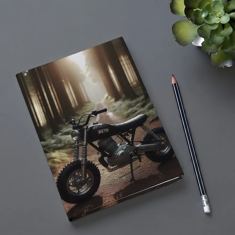 Mini Scrambler Motorcycle Parked Forest Path – Notebooks