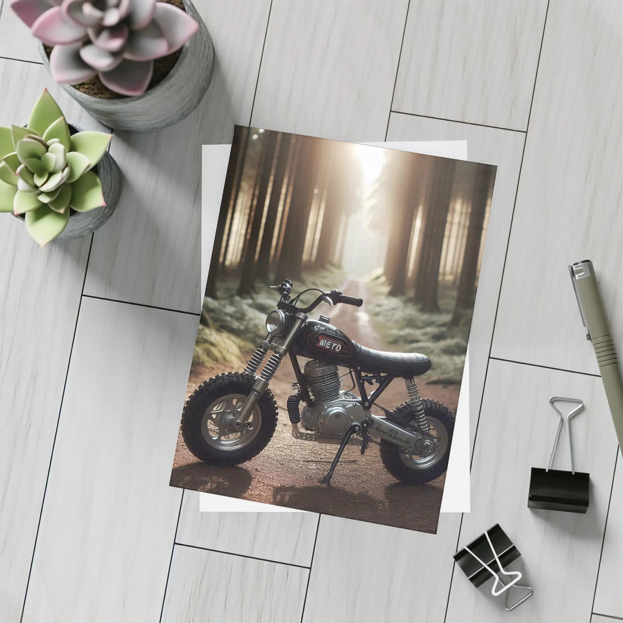 Mini Scrambler Motorcycle Parked Forest Path – Postcards