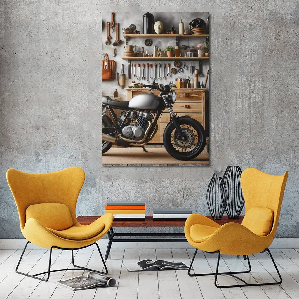 Cafe Racer Motorcycle in Workshop Garage – Wall Art