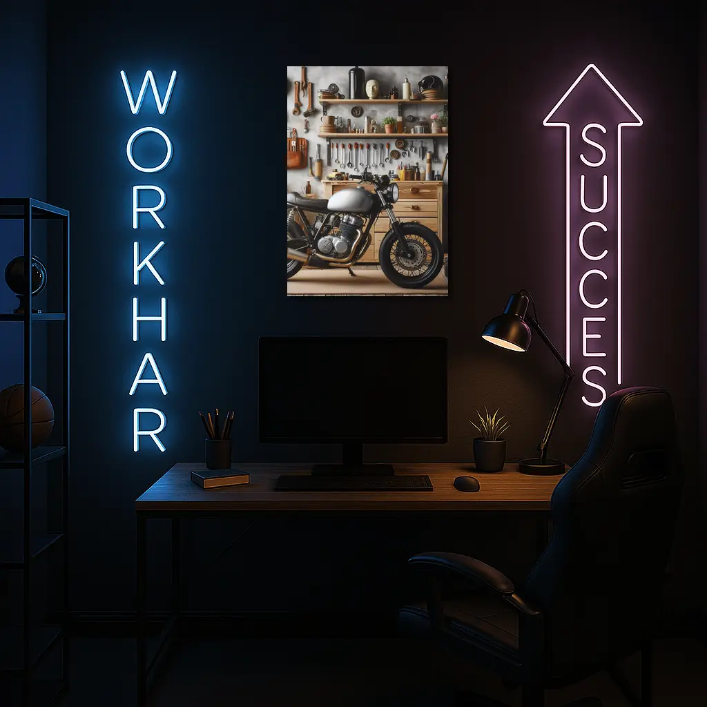 Cafe Racer Motorcycle in Workshop Garage – Wall Art