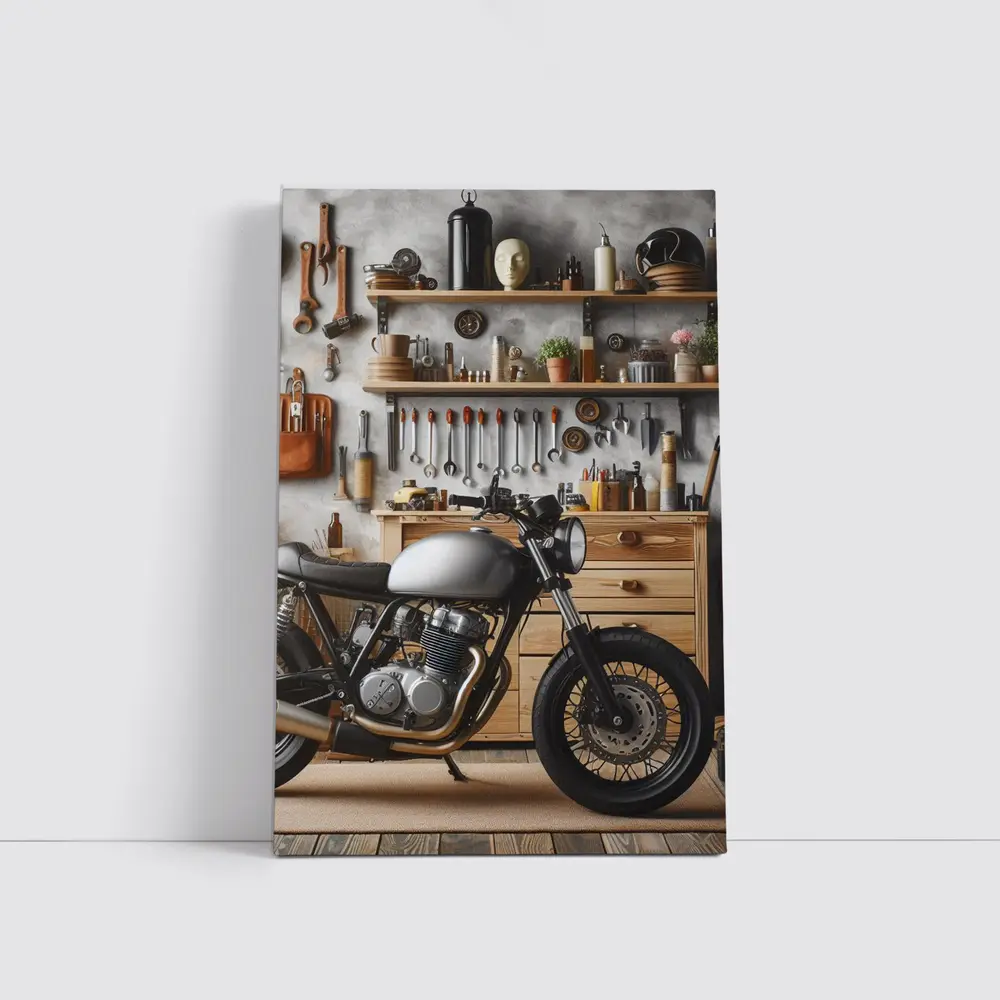 Cafe Racer Motorcycle in Workshop Garage – Wall Art