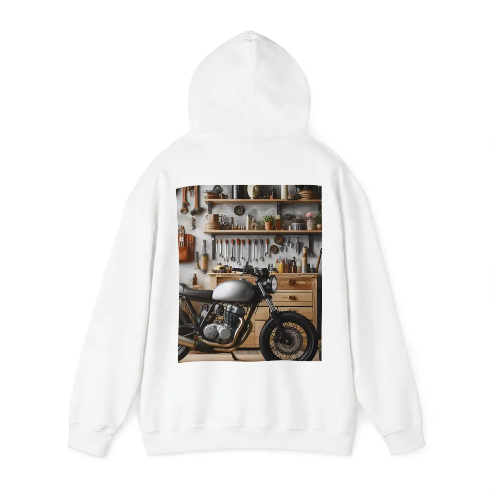 Cafe Racer Motorcycle in Workshop Garage – Hoodies