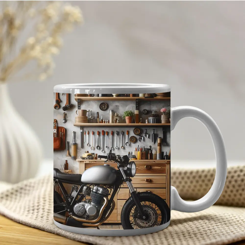 Cafe Racer Motorcycle in Workshop Garage – Mugs