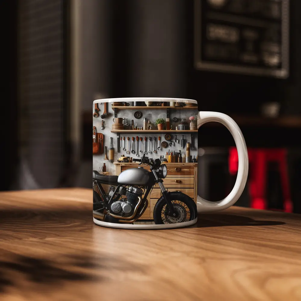 Cafe Racer Motorcycle in Workshop Garage – Mugs