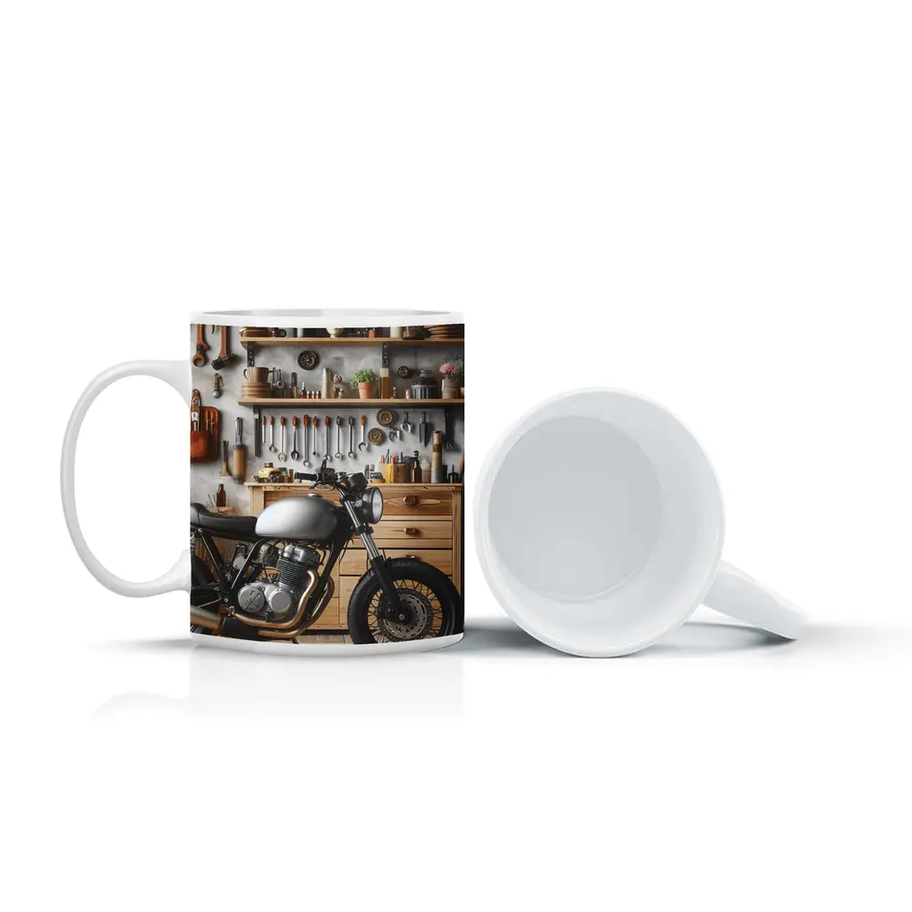 Cafe Racer Motorcycle in Workshop Garage – Mugs