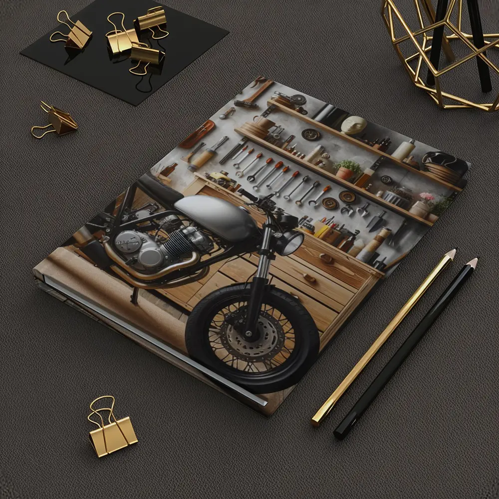 Cafe Racer Motorcycle in Workshop Garage – Notebooks