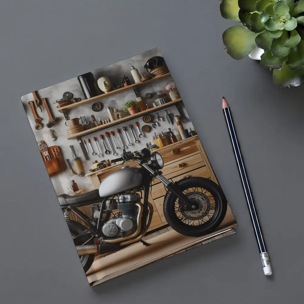 Cafe Racer Motorcycle in Workshop Garage – Notebooks