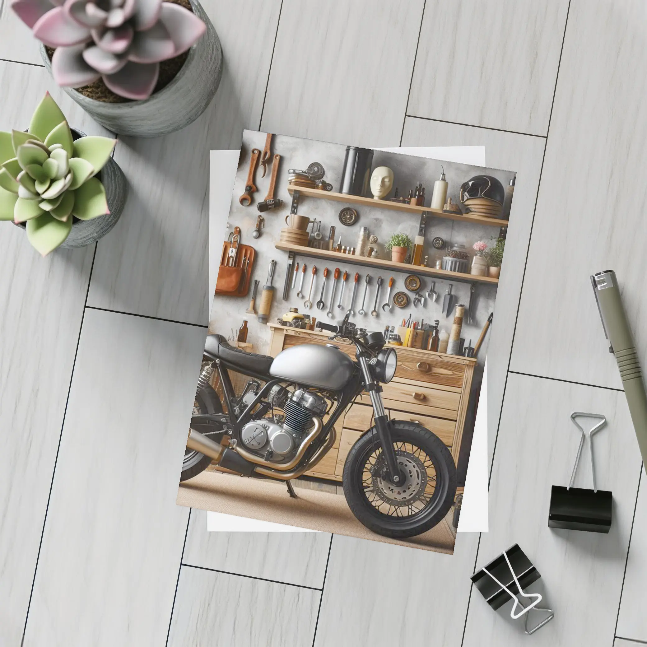 Cafe Racer Motorcycle in Workshop Garage – Postcards