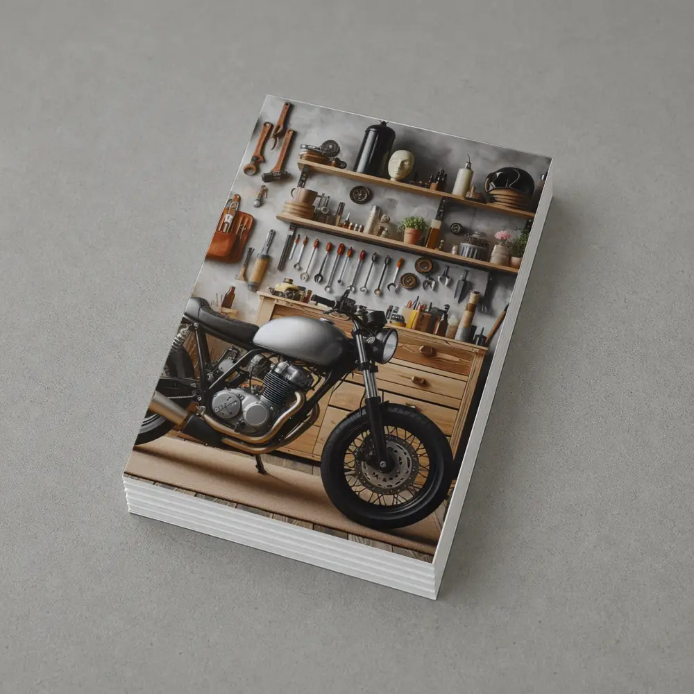 Cafe Racer Motorcycle in Workshop Garage – Postcards