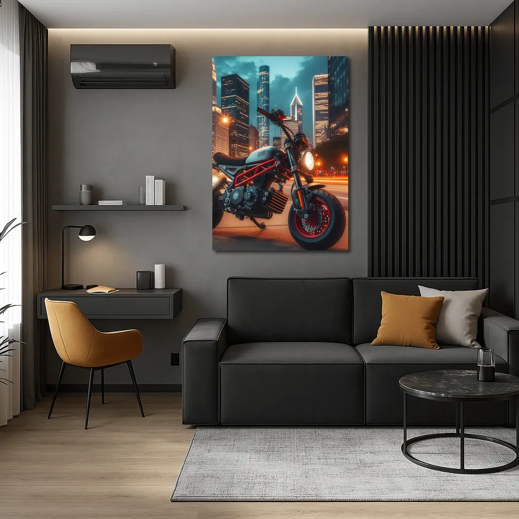 Mini Bike Red Frame City Night – Wall Art