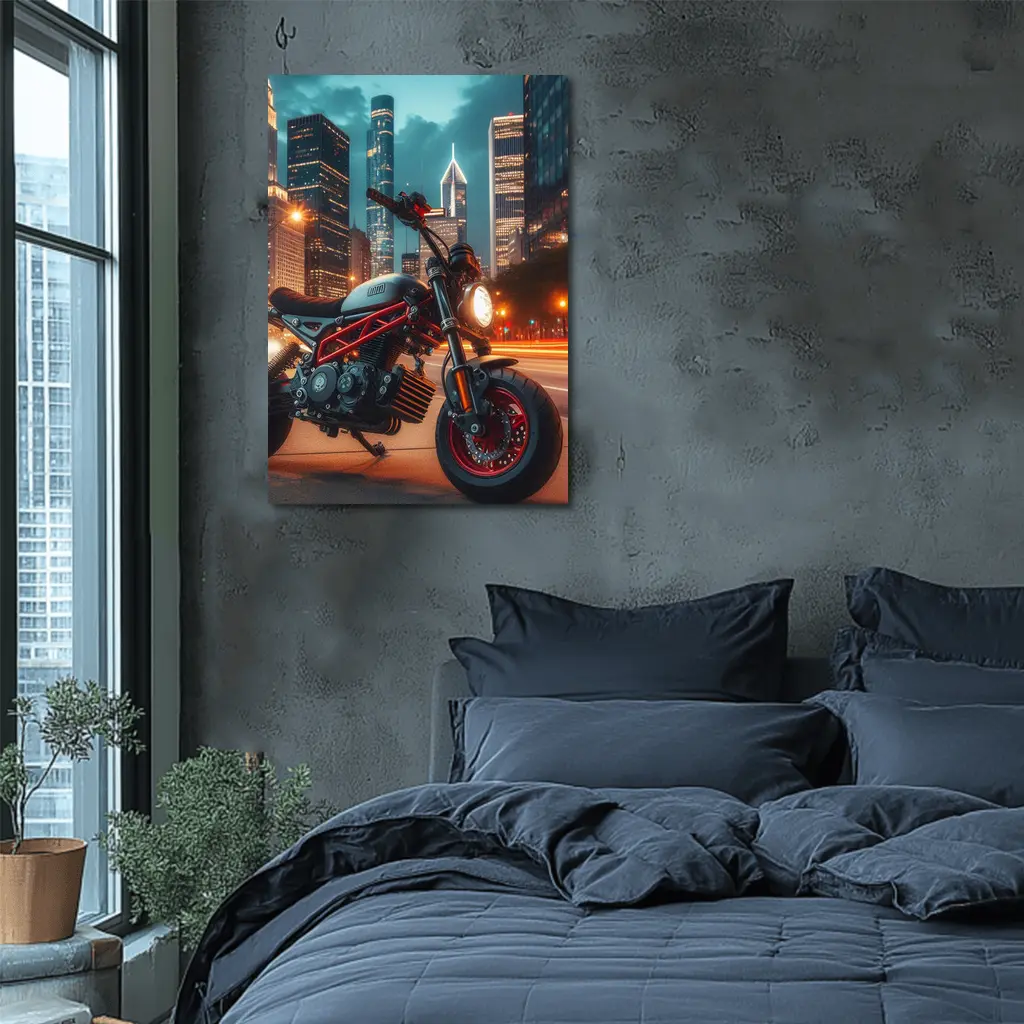 Mini Bike Red Frame City Night – Wall Art
