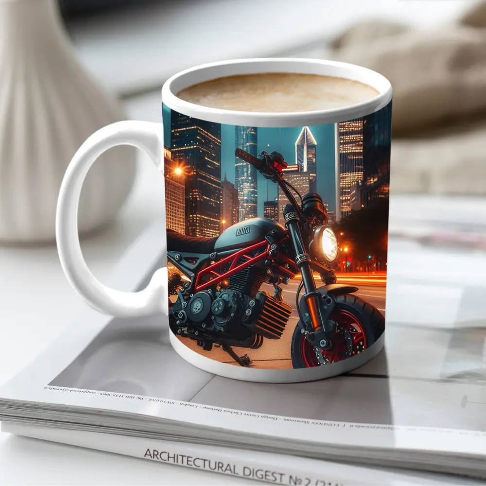 Mini Bike Red Frame City Night – Mugs