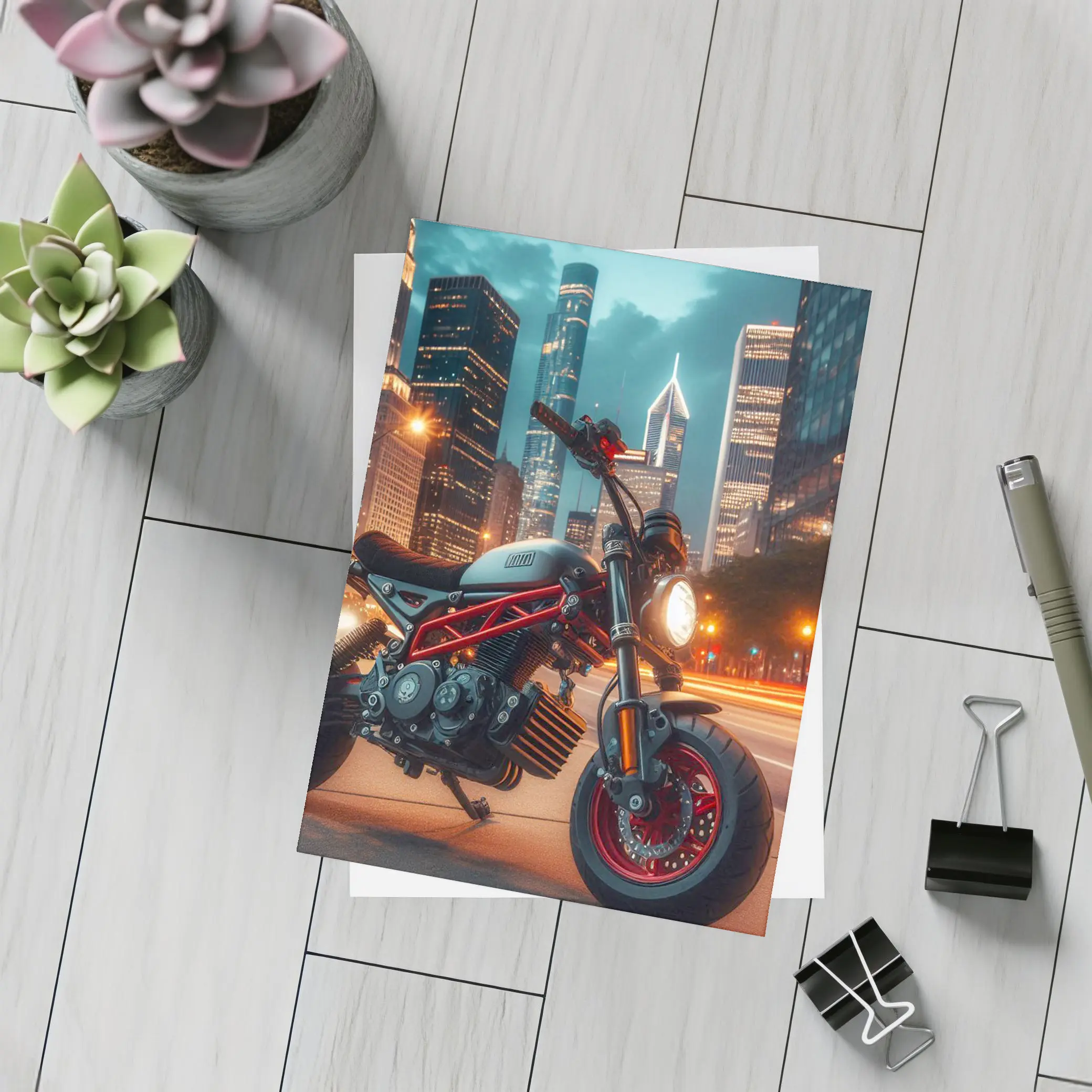 Mini Bike Red Frame City Night – Postcards