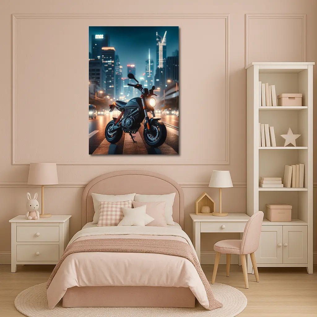 Street Motorcycle Parked City Night Lights – Wall Art