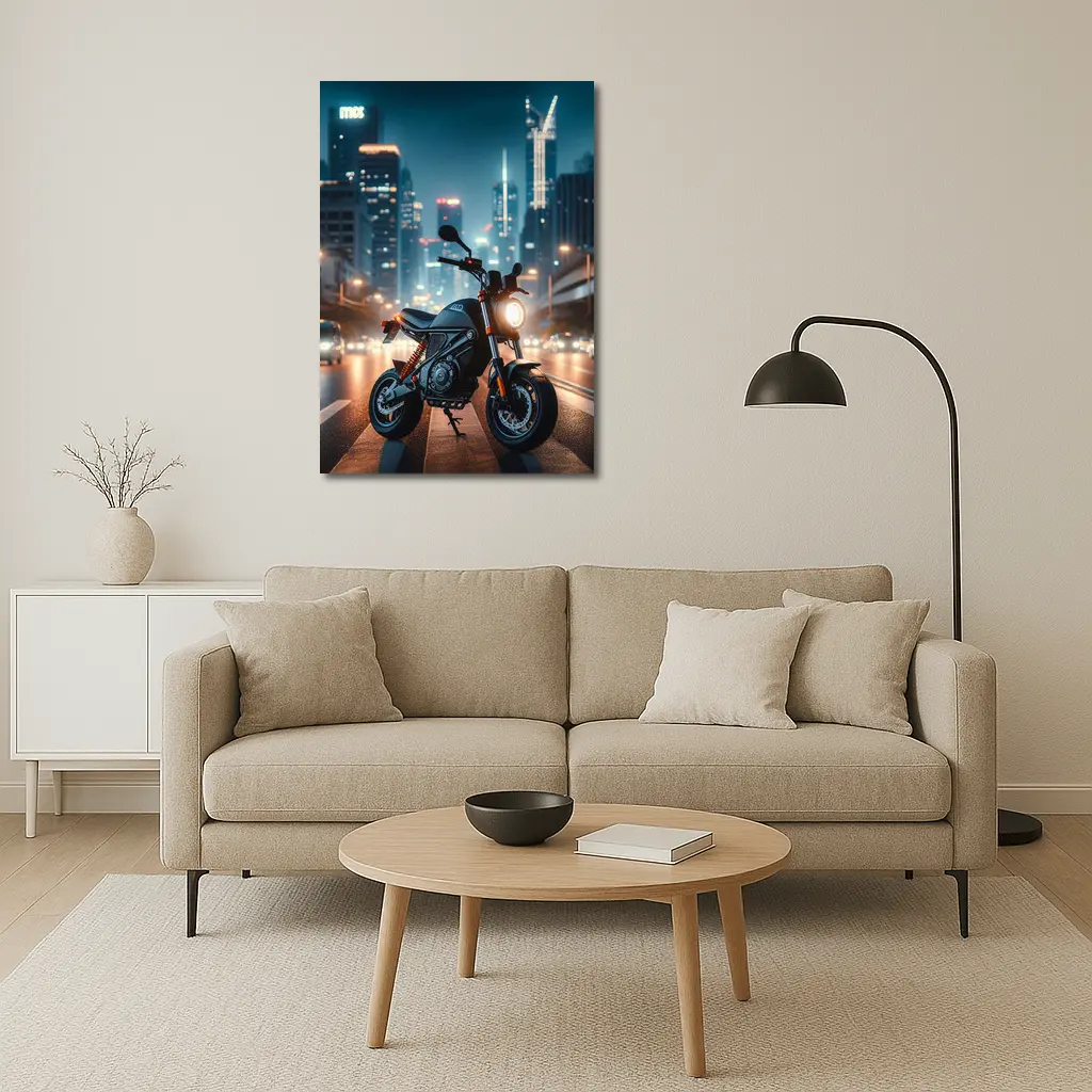 Street Motorcycle Parked City Night Lights – Wall Art