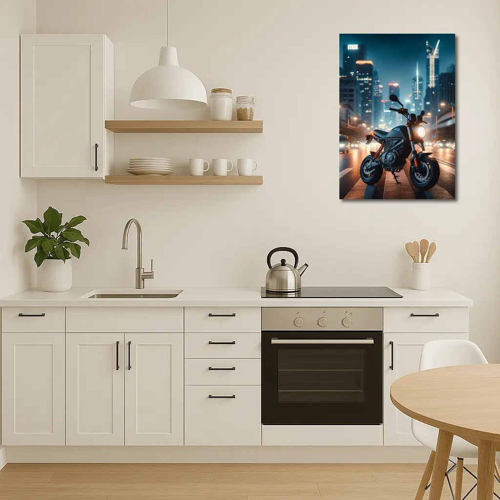 Street Motorcycle Parked City Night Lights – Wall Art