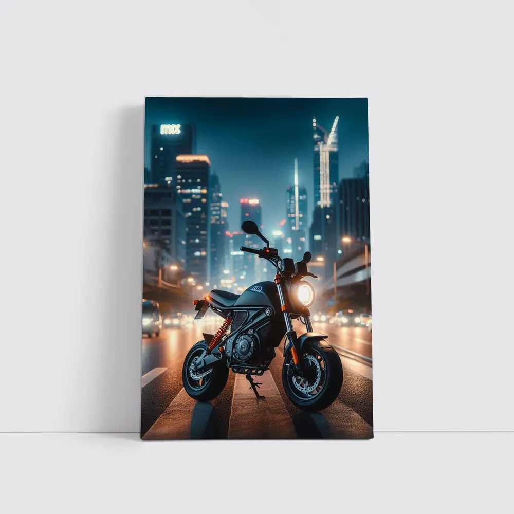 Street Motorcycle Parked City Night Lights – Wall Art