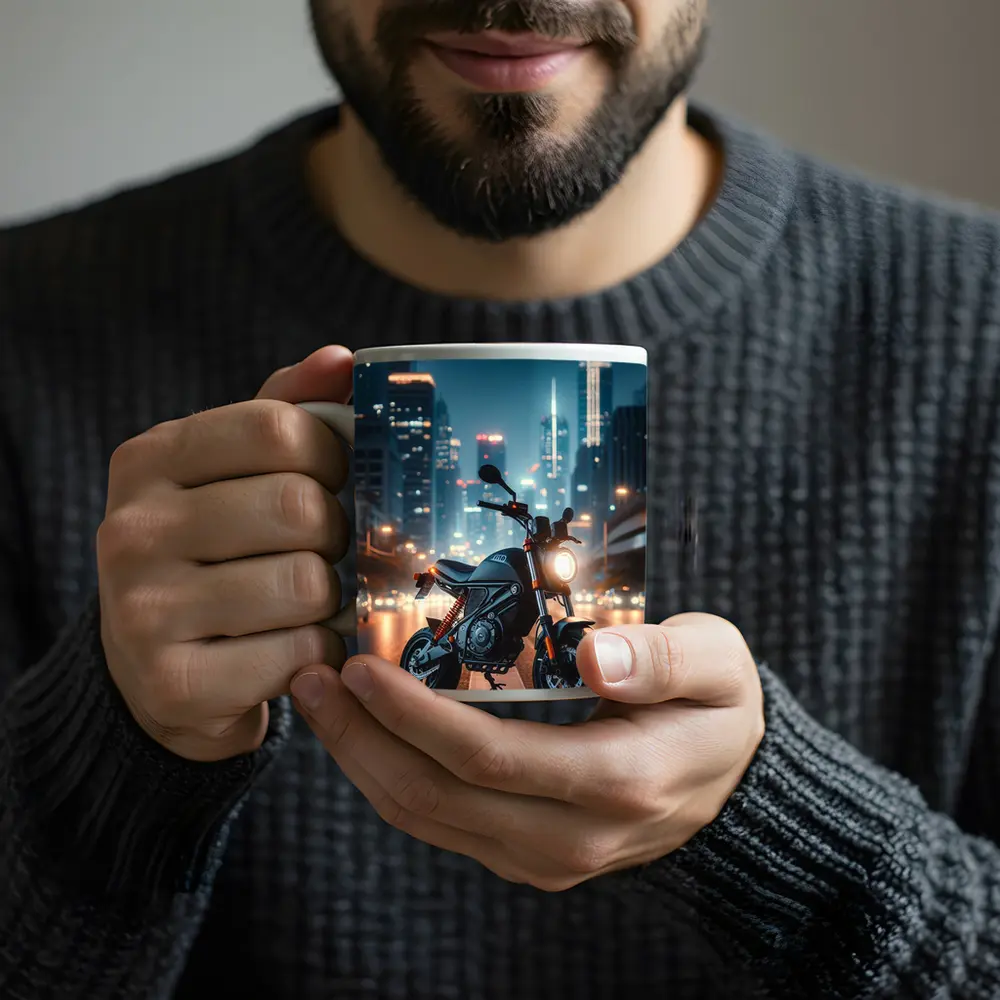 Street Motorcycle Parked City Night Lights – Mugs