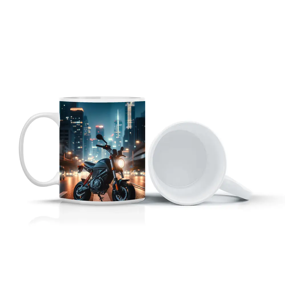 Street Motorcycle Parked City Night Lights – Mugs