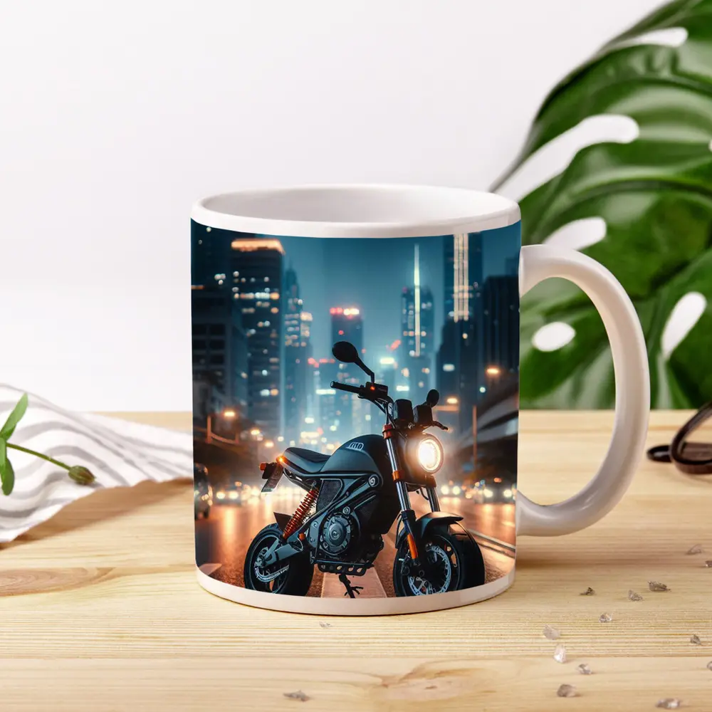 Street Motorcycle Parked City Night Lights – Mugs