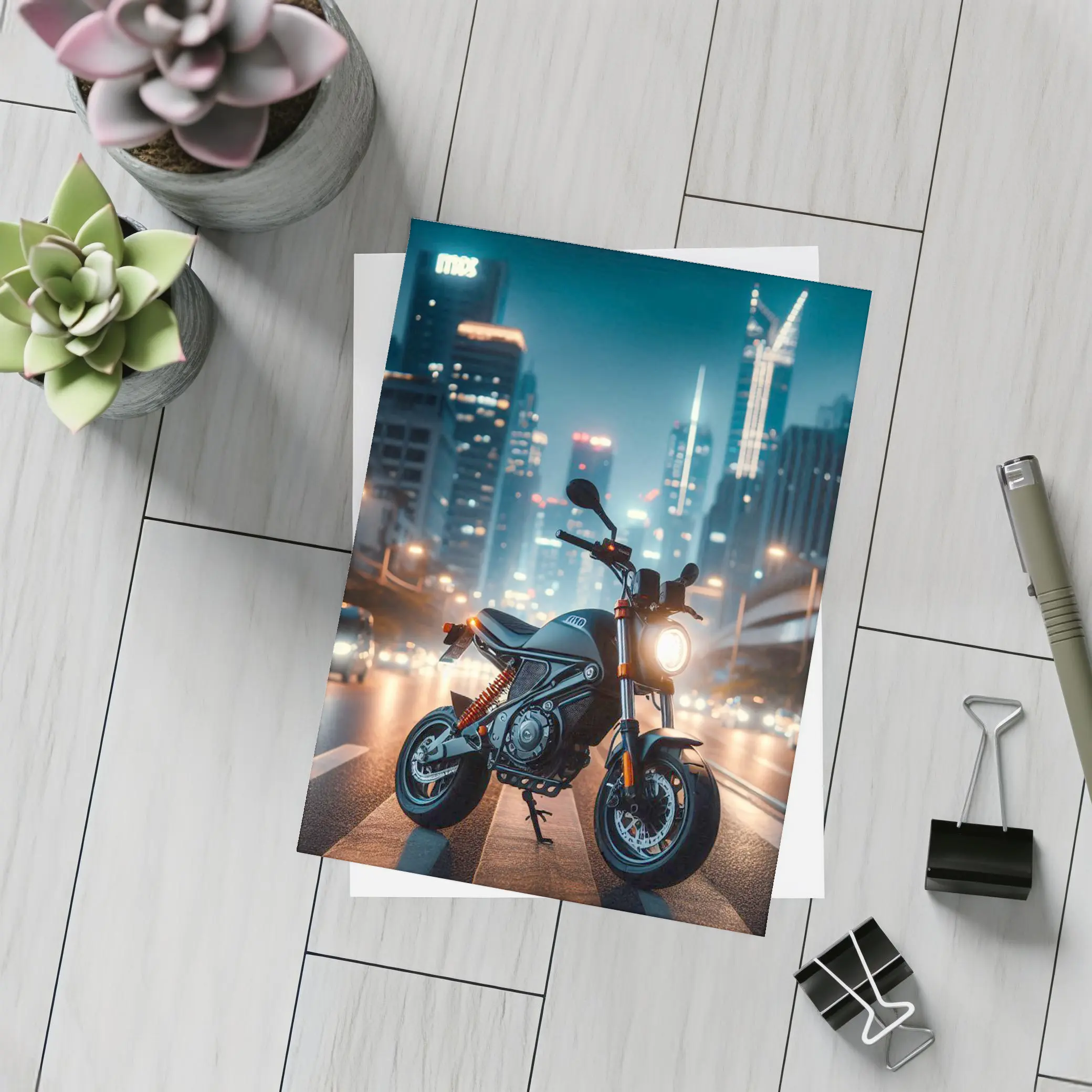 Street Motorcycle Parked City Night Lights – Postcards
