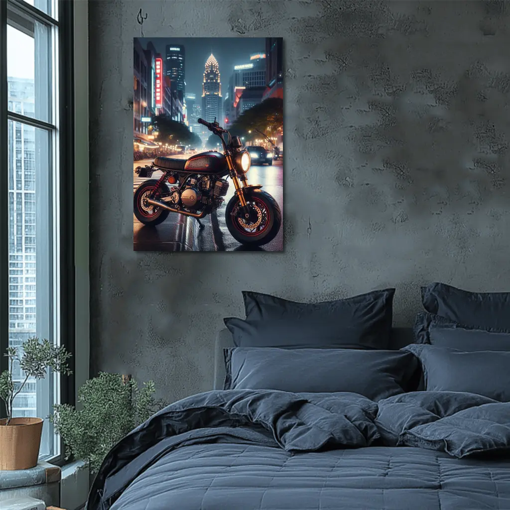 Cafe Racer Motorcycle Glowing City Night Street – Wall Art
