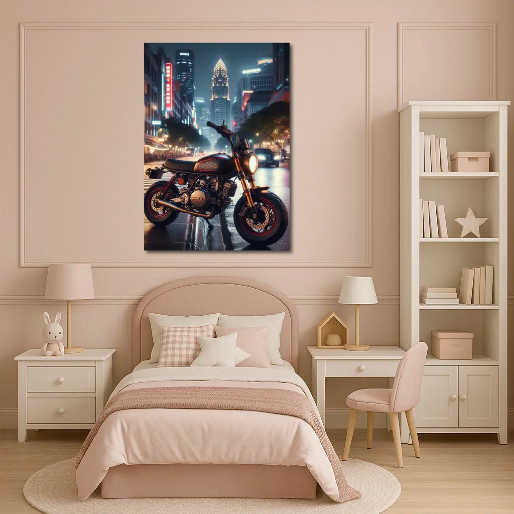 Cafe Racer Motorcycle Glowing City Night Street – Wall Art