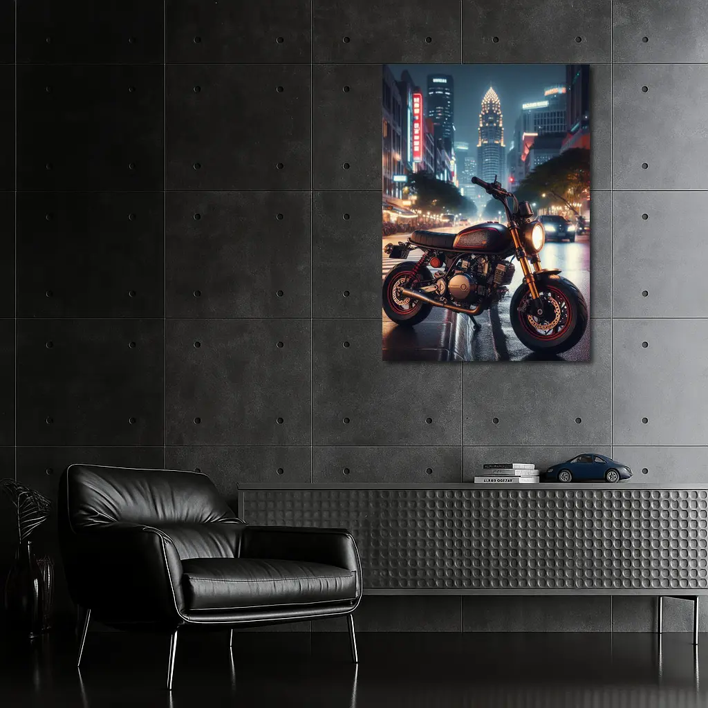 Cafe Racer Motorcycle Glowing City Night Street – Wall Art