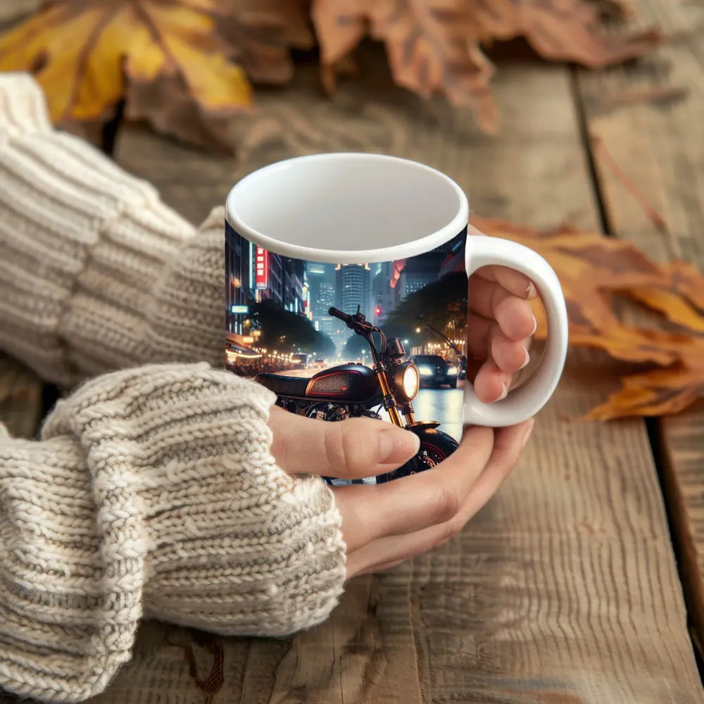 Cafe Racer Motorcycle Glowing City Night Street – Mugs