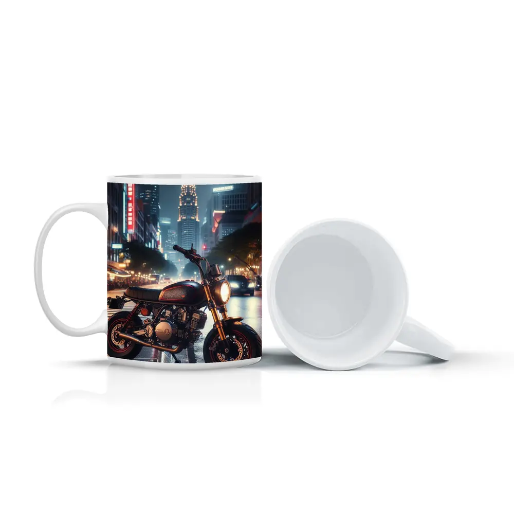 Cafe Racer Motorcycle Glowing City Night Street – Mugs