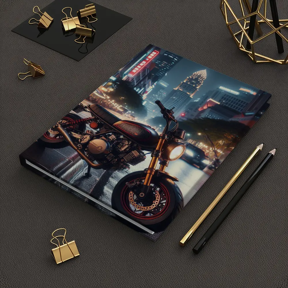 Cafe Racer Motorcycle Glowing City Night Street – Notebooks