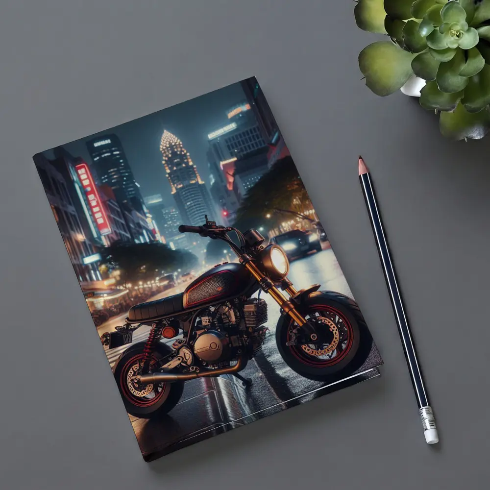 Cafe Racer Motorcycle Glowing City Night Street – Notebooks